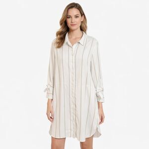 Halston Heritage Dress Womens 10 White Stripe Long Sleeve Shirt Dress Lined